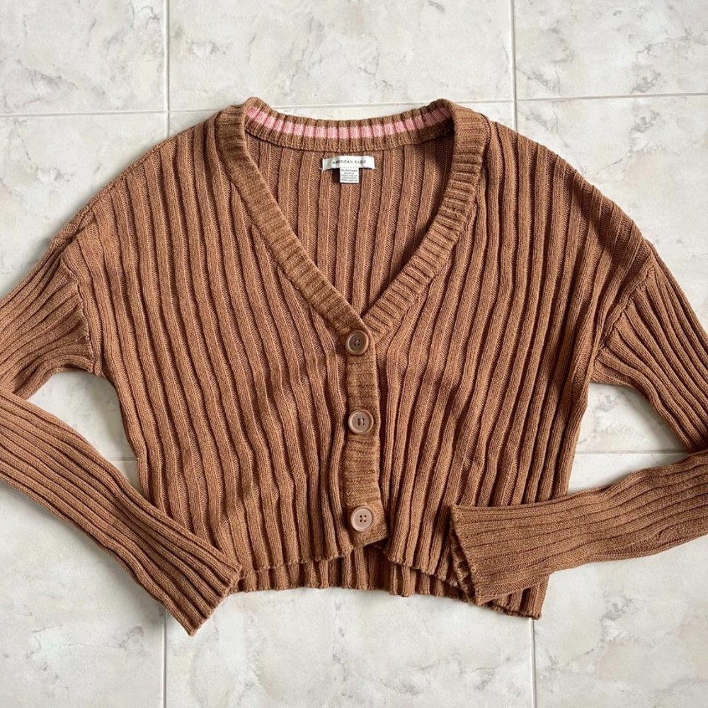 American Eagle Burnt Orange V-Neck Cropped Button Sweater Women XS